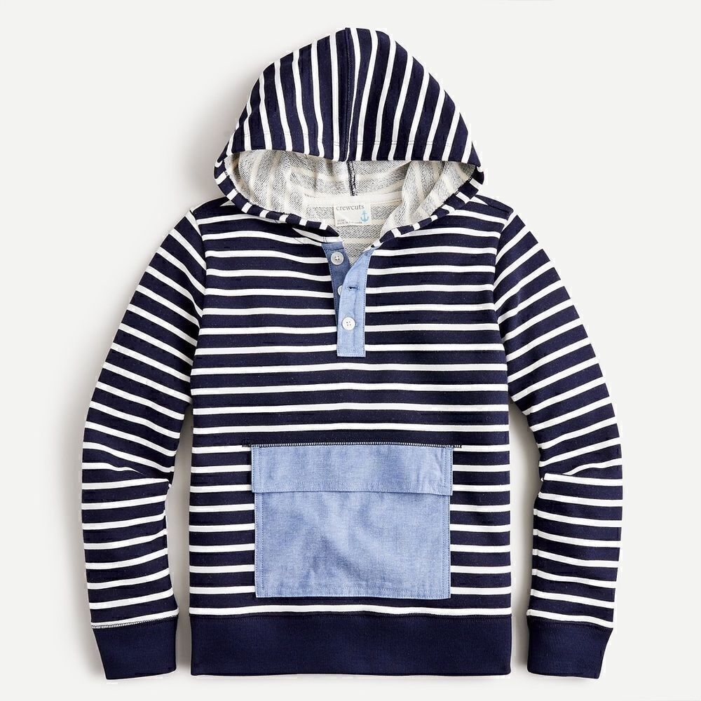 J.CREW CREWCUTS FRENCH TERRY HOODIE IN NAVY 7 WHITE STRIPE BIG BOYS SIZE XL